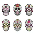 Detailansicht von sechs bunten Tag der Toten Papiermasken mit Blumendesigns. - Tag der Toten Maske Stil A / 6er Set
