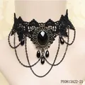 Γοτθικό μαύρο δαντελένιο κολιέ choker με μεγάλο μαύρο πολύτιμο λίθο και αλυσίδες - Ένα μέγεθος / Βίντατζ Τσόκερ από Κράμα με Μαύρα Στρας (PE0813A22-21)