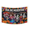 Dia de Muertos achtergrond met skeletten en goudsbloemen voor Mexicaanse festiviteiten - Ontwerp 2 / 180x110cm Schone Rand met Oogjes