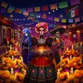 Festive Mexican Day of the Dead party backdrop featuring traditional sugar skulls and marigolds - Altar Characters (Style 2)