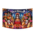 Mexicaans Día de Muertos wandtapijt met schedels en bloemen voor feestdecoraties - Ontwerp 1 / 180x110cm Schone Rand met Oogjes