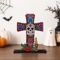 Vue détaillée de la croix en bois du Jour des Morts avec un motif coloré de crâne - Croix de Festival 3D Superposée (6269402187770)