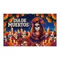 Vibrant Mexican Day of the Dead backdrop featuring sugar skulls and floral marigold designs - Purple Dress Catrina (Style 3)
