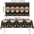 Mexikanische Day of the Dead Tischdecke mit Totenkopf- und Blumenmuster, 54x72 Zoll - Skelettmusiker und Symbole Stil (Tag der Toten Tischdecke Modell 01)