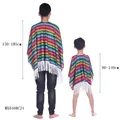 Traditionelles Tag der Toten mexikanisches Poncho-Set für Erwachsene und Kinder mit Fransen - Einheitsgröße / Poncho-Umhang mit Regenbogenstreifen im mexikanischen Stil (MX0408C24)