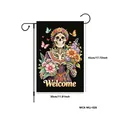 Decoratieve Dag van de Doden tuinvlag met een skeletvrouw en de tekst Welcome 30x45 cm - Catrina Schedel Dame (WCX-WLJ-028) / 100D Polyester
