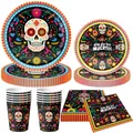 Set completo per tavola Giorno dei Morti con piatti a teschio, bicchieri e tovaglioli - Set da 4 pezzi / 7in 10P+9in 10P+Tovagliolo 20P+Tazza 10P