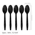 Pack of 10 black disposable plastic spoons with dimensions for themed party decor - Black Spoons