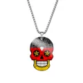 Close-up of German flag themed sugar skull pendant on stainless steel chain - Steel / Germany Style