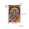 Decoratieve Día de los Muertos tuinvlag met dansend skelet en levendige regenboogprint - Drie Dansende Schedels (WCX-WLJ-031) / 100D Polyester