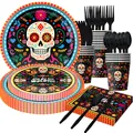 Set stoviglie per festa Giorno dei Morti con teschi colorati su piatti e bicchieri neri - Con Set di Posate in Plastica / Set da 7 pezzi