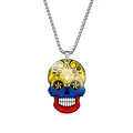 Detailed view of the stainless steel sugar skull necklace with vibrant flag color print - Steel / Colombia