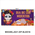 Vivace striscione di sfondo Dia de los Muertos con design Catrina e zucca, 180x90cm - Motivo Ragazza Teschio Viola e Tagete (MXGWLJ021-DP-BJ2016) / 180x90cm