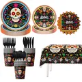 Set di stoviglie per il Giorno dei Morti con teschi colorati e posate in plastica nera - Con Set di Stoviglie e Tovaglia / Set da 8 pezzi