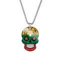 Close-up of Halloween Day of the Dead skull pendant necklace with colorful flag design - Steel / Lithuania