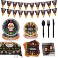 Mexican Day of the Dead themed party tableware set with colorful skull designs - Full Party Decor Tableware