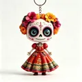Detail van Mexicaanse Sugar Skull sleutelhanger met bloemenkroon en rode folklorejurk - Rode Jurk Stijl (1) / 5cm