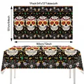 Mexican Day of the Dead theme tablecloth featuring colorful sugar skulls, 54x72 inches size - Tablecloth Style 01