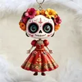 Mexikanischer Tag der Toten Schlüsselanhänger Sugar Skull Mädchen mit Blumenkrone - Roter Blumendruck-Stil (4) / 5cm
