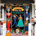 Day of the Dead door banners set with skeleton and cactus illustrations on a porch - Couplet Banner (DLMF028) / 30x180cm