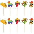 Detailansicht mexikanischer Party-Kuchenstecker mit Taco-, Kaktus- und Chili-Motiven - 10 Stück Cupcake Topper / Bunt