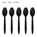 Ten black disposable plastic spoons, 16.1cm long, durable cutlery for party use - Black Plastic Spoon