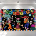 Banner festivo per il Giorno dei Morti con scheletri danzanti e teschi colorati - Stile Celebrazione Scheletro (Stile 1) / 150x100cm