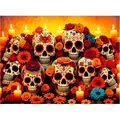 Vibrant Day of the Dead party banner featuring ornate sugar skulls and lit candles. - Style 23