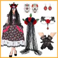 Vista dettagliata del set costume Giorno dei Morti con vestito e accessori - Set di Accessori Giorno dei Morti / Set da 5 Pezzi (Tatuaggi/Cerchietto/Collana/Guanti/Orecchini)