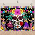 Day of the Dead party backdrop featuring festive sugar skull and floral skeleton dancers - Day of the Dead Style 05 / 150*100CM