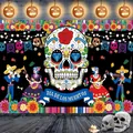 Dia de los Muertos banner backdrop with sugar skull and skeleton musicians - Style 02