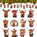 Set of Christmas Highland Cow wooden hanging ornaments with festive Santa hats and scarves. - 8cm / Christmas Highland Cow E (12 Pcs)