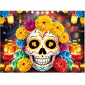 Vibrant Mexican Day of the Dead party banner featuring sugar skull and marigold designs - Style 24