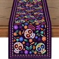 Vue détaillée d'un chemin de table Jour des Morts avec des motifs de crânes en sucre - Style de Crâne Mandala Violet 3 / 183x33cm