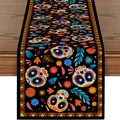 Vue détaillée du chemin de table Jour des Morts avec têtes de mort en sucre et fleurs - Style de Souci de Crâne Coloré 5 / 183x33cm