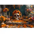 Dramatic Mexican Day of the Dead party backdrop featuring sugar skull and marigolds - Style 25
