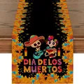 Chemin de table mexicain Dia de los Muertos avec motifs de crânes et fleurs - Style de Guitare de Crâne Mexicain 2 / 183x33cm