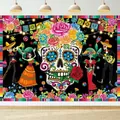 Vibrant Mexican Day of the Dead banner with sugar skull and dancing skeletons decoration - Style 16