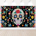 Colorful Dia de los Muertos sugar skull backdrop with floral and bird patterns - Day of the Dead Style 06 / 150*100CM