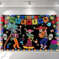Vibrant Mexican Dia de los Muertos banner for party decoration with festive skeletons. - Style 01
