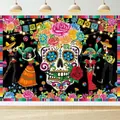 Vibrant Dia de los Muertos backdrop with sugar skull and floral decorations for parties. - 口衔玫瑰糖果骷髅(款式16)