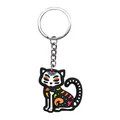 Day of the Dead themed black PVC cat keychain with colorful sugar skull patterns. - Black Cat Skull Style (18)