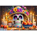 Vibrant Day of the Dead party banner decoration with a floral sugar skull and candles - Style 19