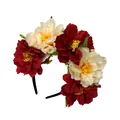 Close-up of large red and cream peony flowers on a black headband for festivals. - 10# Red and White