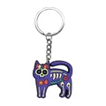 Day of the Dead purple cat keychain made of soft PVC rubber with skeletal floral design - Purple Cat Skull Style (25)