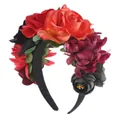 Gothic Halloween party headband featuring vintage artificial red orange and black roses - Black Red and Orange