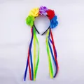 Colorful Mexican rose floral headband with long rainbow hanging ribbons for party - Rainbow Ribbon (5 Flowers)