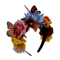 Serre-tête floral mexicain avec fleurs artificielles et papillons pour fêtes costumées. - Style Rose Rose & Marguerite Bleue / Rose & Bleu