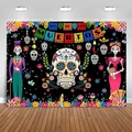 Festive Dia de Muertos backdrop featuring colorful sugar skulls and skeleton characters - Day of the Dead Style 18 / 150*100CM