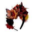 Vue détaillée d'un serre-tête floral mexicain avec papillons pour les fêtes d'Halloween. - Style Rose Orange & Pétale Noir / Orange & Rouge